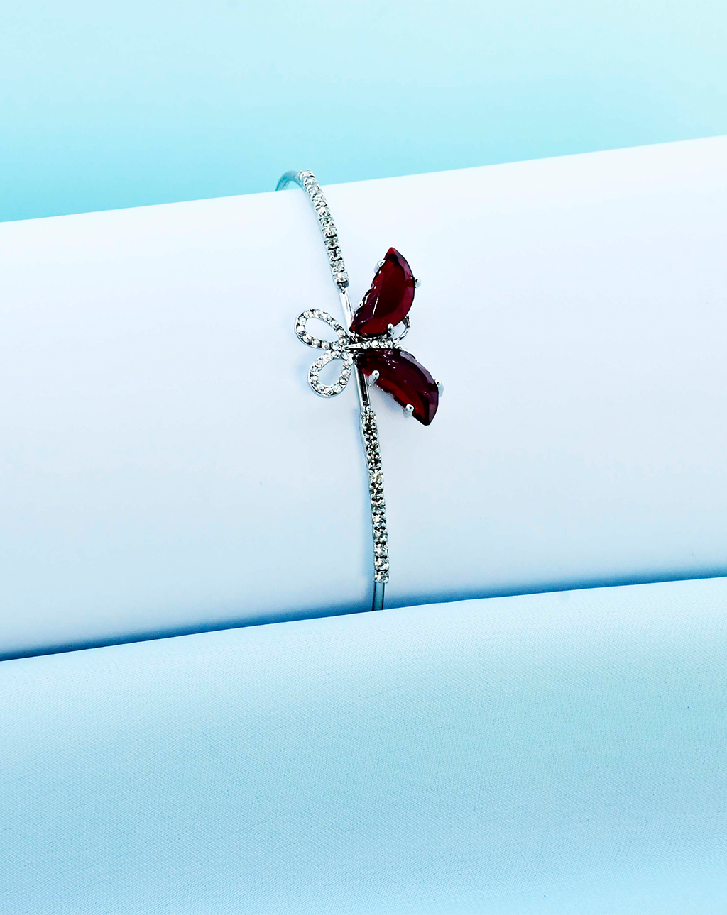 Butterfly Silver Bangle-Maroon Red