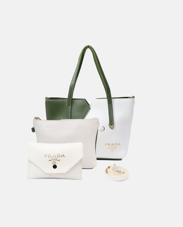 3 Piece Tote Handbags set-Green White