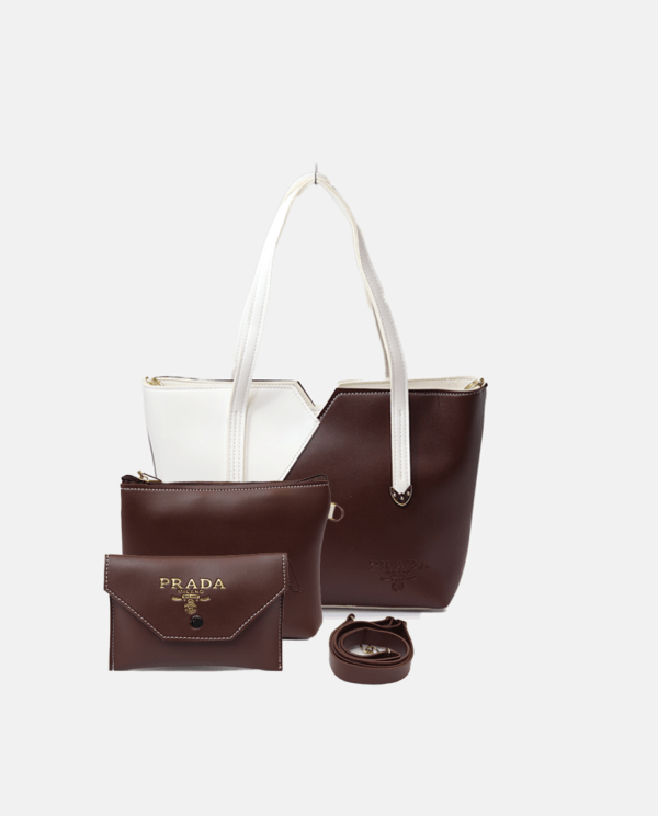 3 Piece Tote Handbags set-Chocolate Brown and White