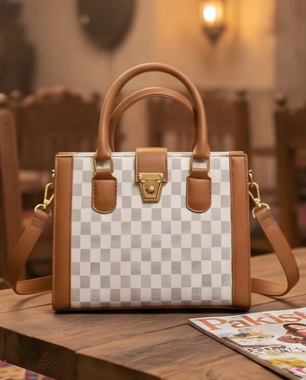 Checkered Tote - Camel White